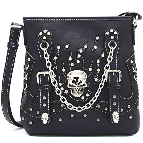Sugar Skull Day of the Dead Cross Bone Rock Metallic Purse Skeleton Leather Purse Women Crossbody Handbag Shoulder Bag - #2 Black
