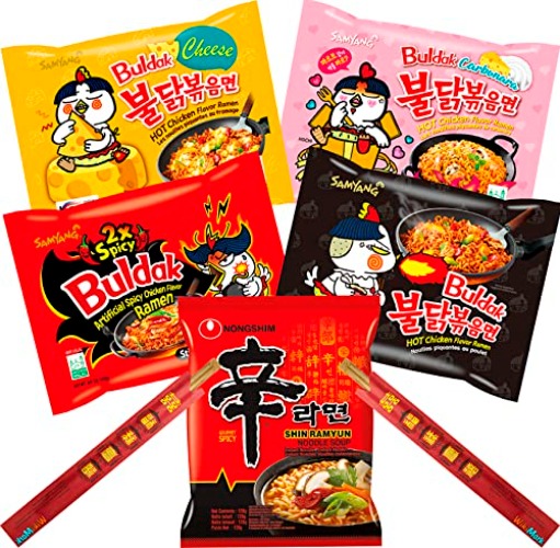Surtido de 5 Ramen Sabores Variados y 2 Palillos de Bambú WikiMark. Incluye, Samyang Cheese, Nongshim Shin Ramyun Noodle Soup, Samyang Hot Chicken, Samyang 2x Spicy, Samyang Noodles Carbonara.