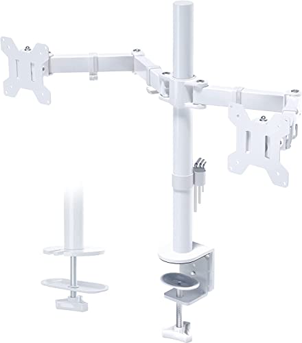 BONTEC Soporte Monitor Doble para Monitor 13-27 Pulgadas LED/LCD, Soporte 2 Monitores Peso Máximo 10KG de Cada Brazo, Giro de 360° y Rotación de 180°, Altura Ajustable, VESA 75/100 mm, Blanco - Blanco