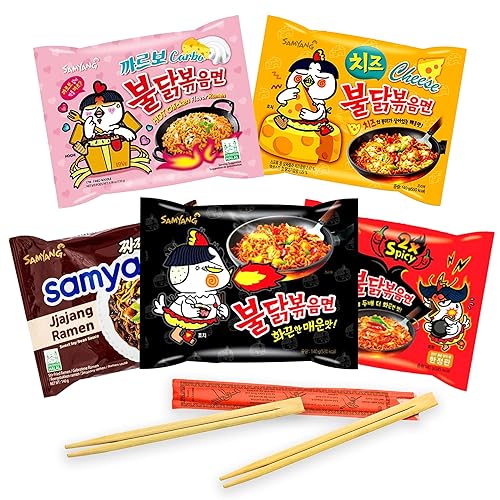 Pack de 5 Ramen Selección Top Cia&Co con Samyang Buldak Pollo Hot, Carbonara, 2X Spice, Pollo Curry y Samyang Cerdo Picante. Incluye 2 pares de palillos. Fideos instanteneos coreanos.