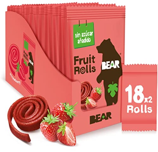 BEAR Rollitos de Fruta Sabor Fresa - Ingredientes 100% Naturales - Snacks Saludables para el Colegio y el Almuerzo para Niños y Adultos - 18 bolsitas de 20g - 360g - Fresa