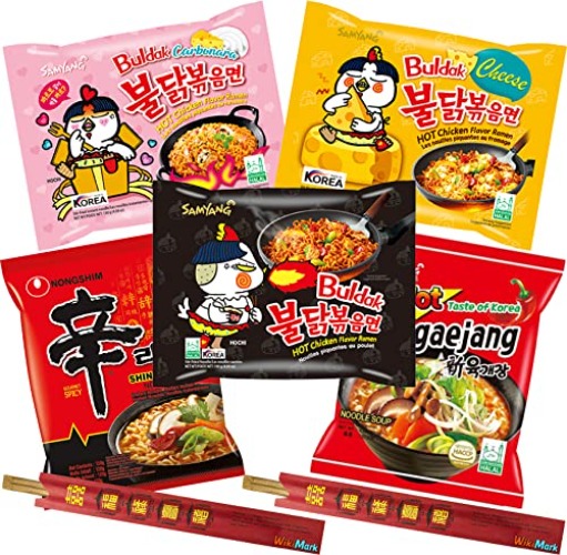 Lote 5 Ramen Coreano y 2 Palillos de Bambú WikiMark. Incluye Samyang Noodles Carbonara, Cheese, Hot Chicken, Hot Taste of Korea, Nongshim Shin Ramyun Noodle Soup.