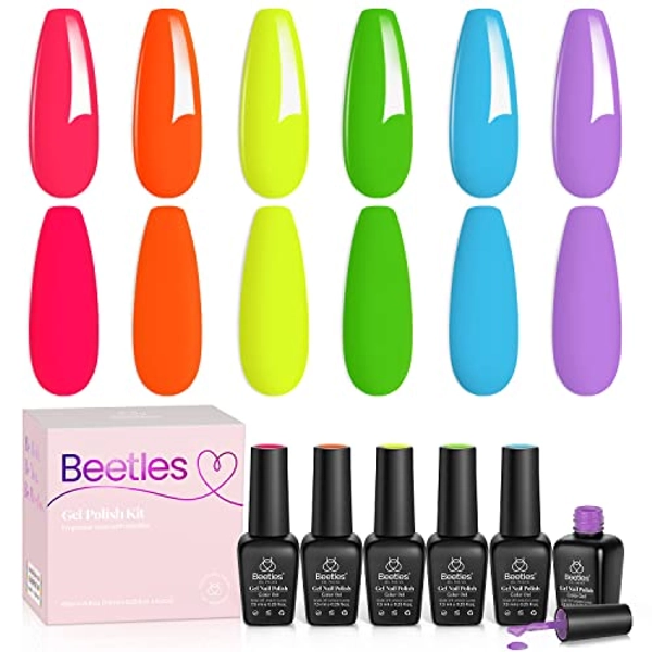 Beetles Gel Nail Polish Kit, 6 Colors Hot Pink Neon Orange Gel Nail Polish Green Blue Purple Gel Polish Set Soak Off UV Nail Lamp Gel Nail Kits Cured Manicure Summer Nails Design Gifts for Women