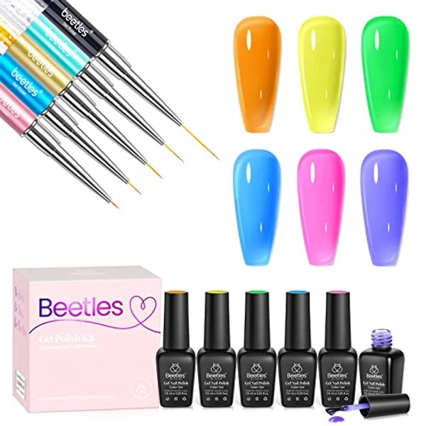 Beetles Gel Polish 6 Colors Jelly Gel Nail Polish Set Neon Nail Gel Kit with Gel Polish Nail Art Liner Brushes 5Pcs Set Diamond Application Rhinestone Handle Dotting Drawing Sizes 5 7 9 11 20mm