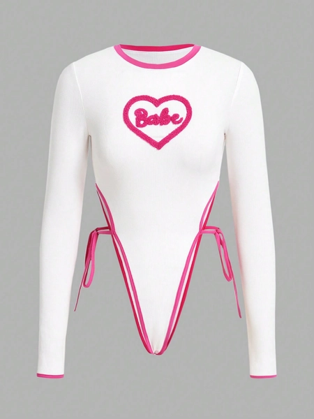SHEIN Qutie Heart & Letter Pattern Contrast Binding High Cut Bodysuit