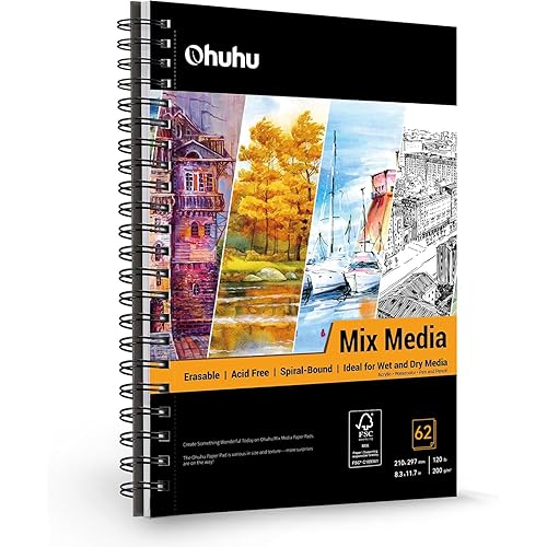 A4 Sketchbook Hardcover: Ohuhu Sketch Book 62 Sheets/124 Pages, 200GSM Heavyweight Acid-Free Papers, Spiral Bound Large Art Book for Mixed Media Art Pencil Markers Charcoal Acrylic Watercolour - A4 (11.7" x 8.3")
