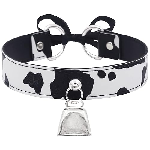 paloli Basic Cow Print Bell Collar Choker Necklace for women - Black - Silver Bell