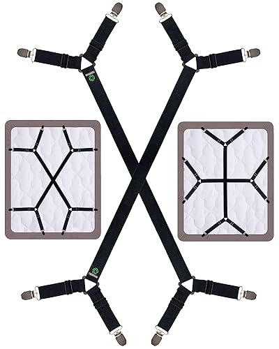 FIBOOMERANG Bed Sheet Clips - Crisscross Fitted Sheet Straps for Bedding, Sheet Grippers and Sheet Holder Elastic Bands Bedsheet Suspenders Fasteners, 2Pcs/Set Black - Black