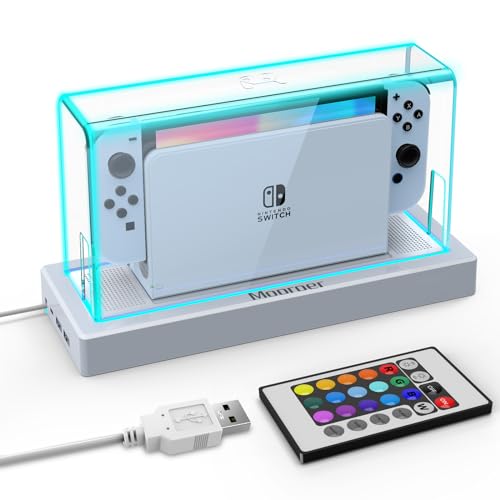 Mooroer Switch Dust Cover with 16 LED Colors Light Base for Nintendo Switch/OLED, Acrylic Clear Display Box Anti-Scratch Waterproof Slim Dock Case, Cool Switch Accessories - clear