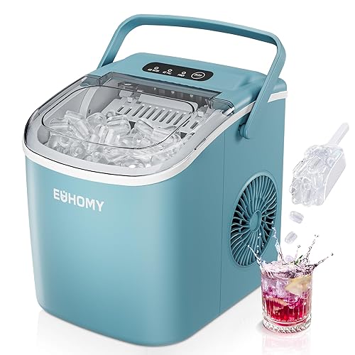EUHOMY Countertop Ice Maker Machine with Handle, 26lbs Per Day, 9 Ice Cubes Ready in 6 Mins, Auto-Cleaning Portable Ice Maker with Basket and Scoop, for Home/Kitchen/Camping/RV (Blue) - ICE MACHINE - 11.57"D x 11.42"W x 8.74"H - Blue
