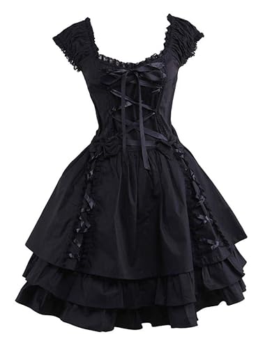 Ainclu Womens Classic Black Layered Lace-up Goth Lolita Dress - Medium - Black