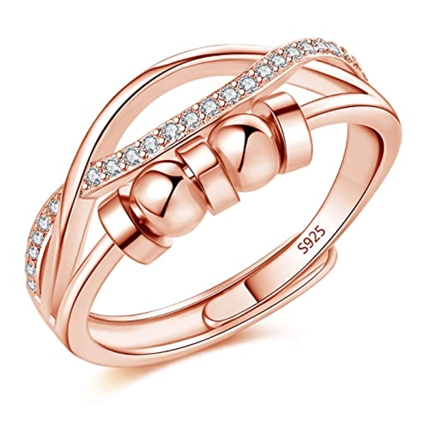 Kamise Silver Anxiety Ring, 925 Sterling Silver Fidget Ring for Anxiety Women, Adjustable Open Spinner Fidget Rings with 5 Beads & Zircon, Infinity Thumb Rings Stress Rings for Worry Anxiety Relief