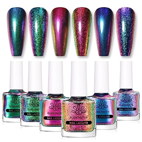 BORN PRETTY Chameleon Nail Polish 6 Colors Holographic Glitter Quick Dry Nail Polish Shimmer Iridescent Chrome Nail Varnish