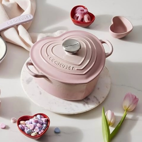 Le Creuset Pink Cast Iron Heart Shaped Casserole with Heart Knob