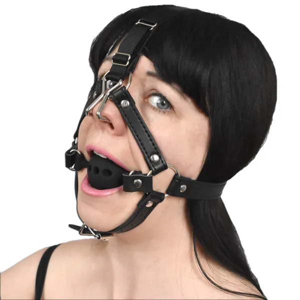 Fieser Nasenhaken am Kopf-Geschirr mit Silikon Gag-Ball - Mit Nasenhaken & Gag Ball