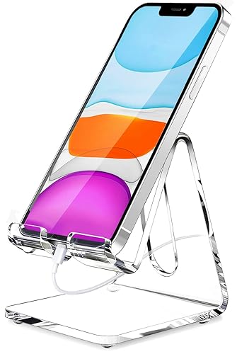 Crpich Acrylic Cell Phone Stand, Portable Clear Phone Stand for Desk, Compatible with Phone15 14 13 Pro Max Mini 12 11 Plus SE, Switch, Android Smartphone, Pad, Tablet, Desk Accessories - 1Pack - 1-Clear