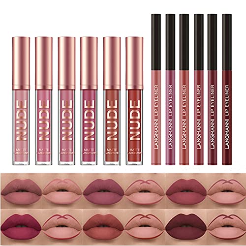 Ensemble de maquillage de rouge à lèvres 12 pièces, 6 rouges à lèvres liquides mats veloutés + crayon à lèvres 6 pièces, kit de brillant à lèvres longue durée imperméable (12PCS) - 12PCS