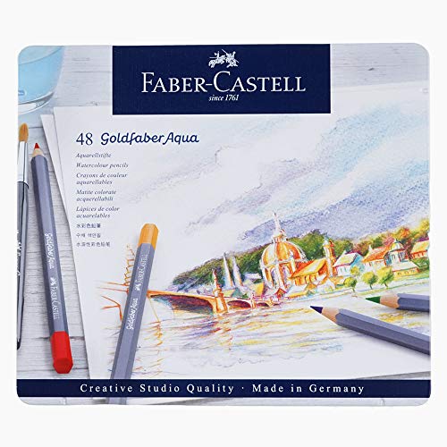 Faber-Castell 114648 - Crayons aquarelle Goldfaber, set de 48 crayons de couleur, incassables, entièrement aquarellables - Set de 48 pièces dans une boîte métallique