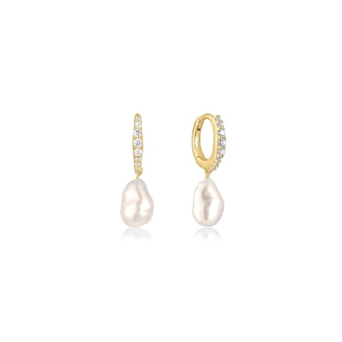 CZ HUGGIE HOOPS WITH PEARL DROP - 14K Gold Vermeil