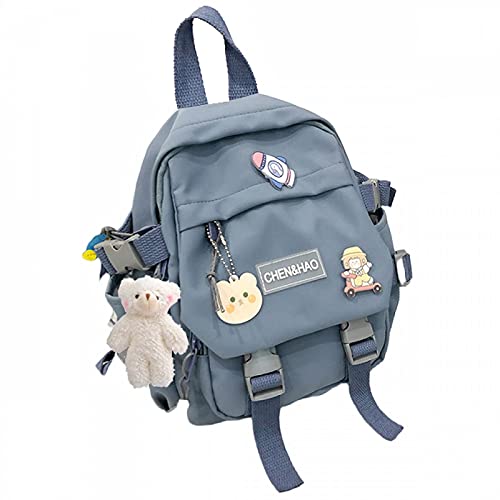PEXIZUAN kawaii backpack girl school bag waterproof nylon with kawaii pendant cute pin mini backpack(blue) - Blue