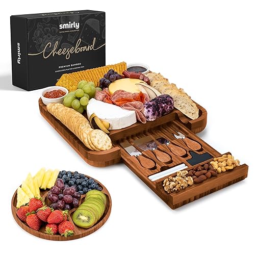 SMIRLY Charcuterie Boards Set - Large Bamboo Cheese Board Set - House Warming Gifts New Home, Wedding Gift for Couple, Bridal Shower Gift, Birthday Gifts for Women - Carbonized Bamboo (Brown)