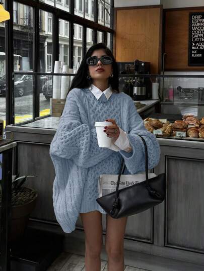 Women's Fashionable Casual Solid Color Cable Drop Shoulder Long Sleeve Round Crew Neck Warm Pullover Daily Wear Holiday Chunky Loose Oversize Clothes Tops Knit Sweater, Fall Autumn Winter