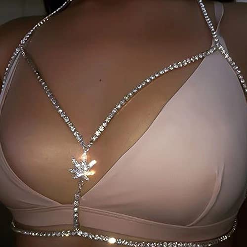 Body Chain Chest Chain Sparkly Rhinestone Fringed Bra Chain Crystal Bikini Lingerie Woman Sexy Nightclub Clothing - Golden