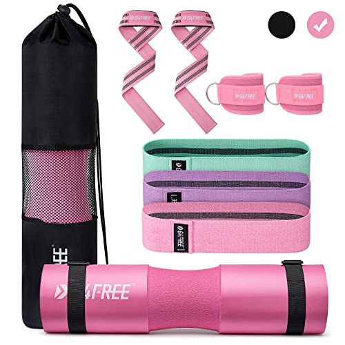 G4Free 9Pcs Barbell Pad Set for Squat, Hip Thrusts, Lunges, Leg day, Standard Olympic Bars with 2 Gym Ankle Safety Straps, 3 Hip Resistance Bands, 2 Lifting Strap, Barbell Pad, and Carry Bag - Pink