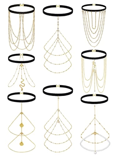 Milacolato 8-9PCS Leg Chains Thigh Chain Jewelry for Women Snake Crystal Boho Layered Beach Body Chains Thigh Jewelry for Summer