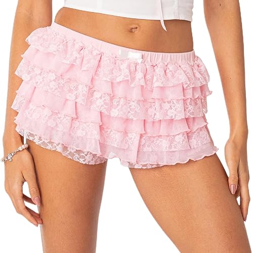 NUFIWI Women Lolita Bloomers Cute Ruffle Shorts Lace Pumpkin Pants Sexy Boyshorts Layered Bottoms Y2k Sweet Pettipants, F Pink, Small