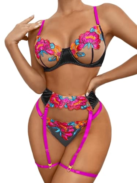 Kaei&Shi Floral Embroidered,Underwire,Thong,Thigh Straps,Garter Belt Lingerie for Women