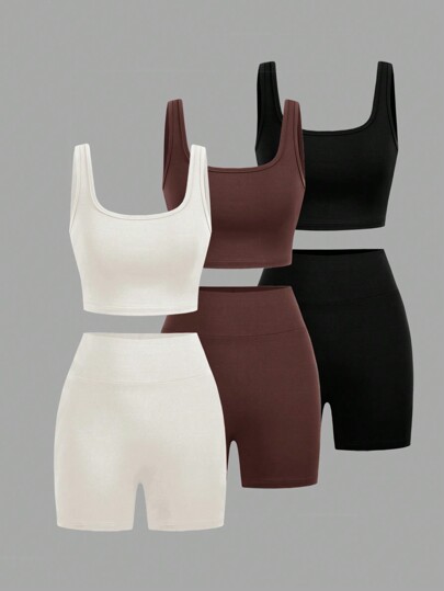 SHEIN EZwear Women's Sports Set, 3pcs, Including Round-Neck Vest And Shorts