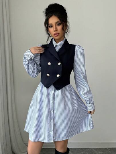 SHEIN Raffinéa Women's Lapel Neck Double-Breasted Vest & Striped Long Sleeve Shirtdress 2-Piece Set, Outfit