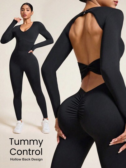 SHEIN Sport Studio Solid Color Backless Fitted Seamless Sports Jumpsuit
