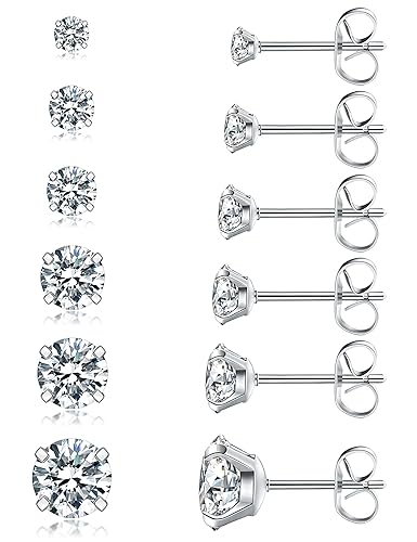 5 Pairs Stud Earrings Set, Hypoallergenic Cubic Zirconia 316L Earrings Stainless Steel CZ Earrings 3-8mm - A01