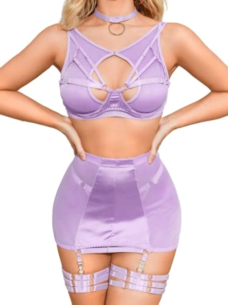 Kaei&Shi 6Pc Strappy Cutout, Sheer Stretchy High Waist Skirt Garter Set G-String
