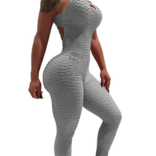 Womens Butt Lifting Yoga Jumpsuit Backless Sport Bandage Romper Playsuit Sleeveless Textured Gym Bodysuit - Grey - Small