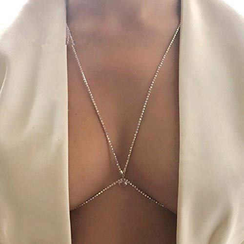 Diamond Chest Chain Bra Sparkly Rhinestone Body Chain Crystal Bikini Chest Jewelry Woman Sexy Nightclub Clothing - Golden
