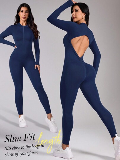 SHEIN Sport Studio Seamless High Elasticity Soft Yoga Sports Backless V-Back Jumpsuit