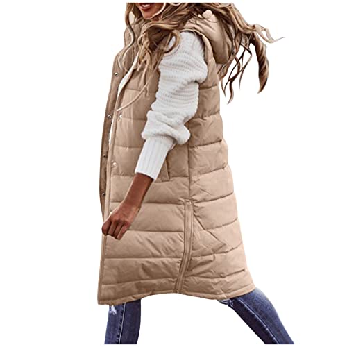 Flovey Womens Long Vest Black Long Puffer Vest Coat Hooded Sleeveless Pockets Quilted Vest Outdoor Jacket - A-Khaki - Medium