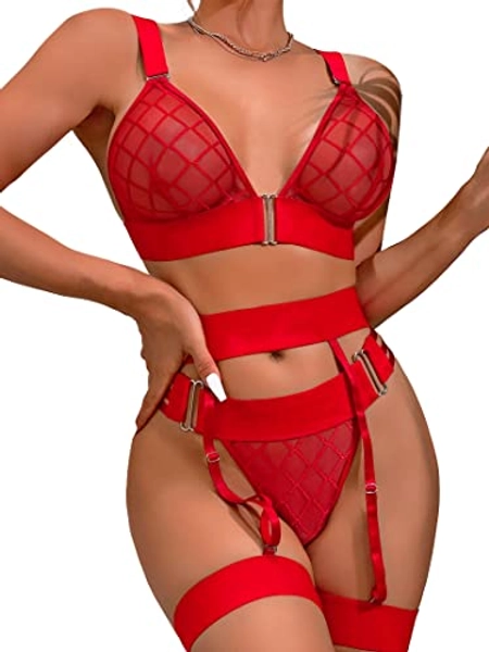 Aphrotiny Garter Lingerie for Women Sexy Strappy Lingerie Set Matching 4 Piece Bra and Panty Sets
