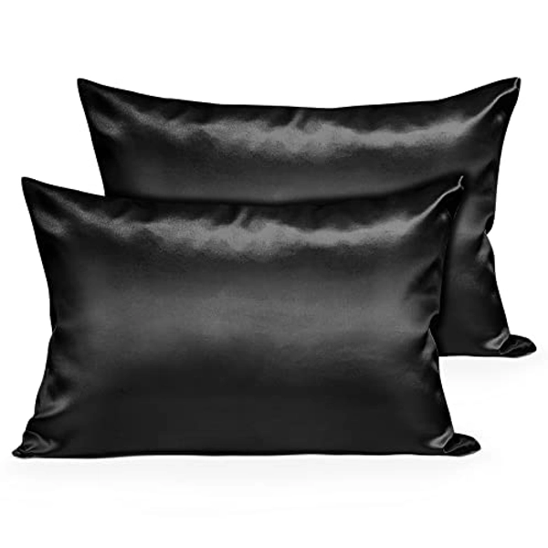 Fittia Satin Pillow Cases Queen Size 2 Pack, Silk Pillowcase for Hair and Skin with Hidden Zipper, Mashine Washable, Black, 20''x30''