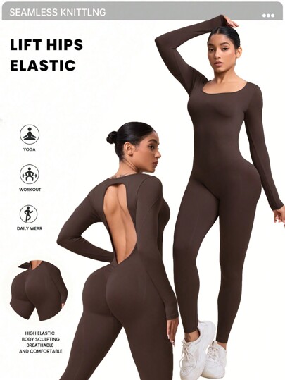 SHEIN Sport Studio Women Solid Color Open Back Long Sleeve Fitted Jumpsuit For Casual And Fitness Activities