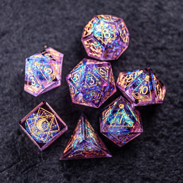 Full Set Handmade Resin Sharp Edge Dice Polyhedral Dice Set  Set  -  Dungeons and Dragons  Purple Glitter Astrology Style