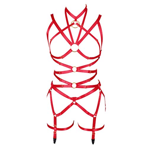 PETMHS Women Body Harness Bra Set Strappy Leg Garter Belt Elastic Adjust Belt Gothic Punk EDC Dance Rave Costume - Red