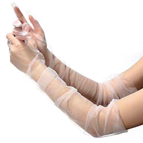 Women's Long Gloves Mesh Tulle Gloves 27'' Sheer Gloves Party Opera Gloves Elbow Length Gloves for Wedding Bridal Dance Party - White