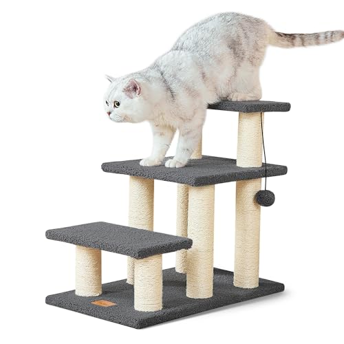 Pawque Dog Stairs & Cat Scratching Post Pet Steps for High Beds Couch, High-Strength Boards Holds up to 150 lbs for Indoor Small Cats Kittens Dogs Climbing Playing, 3 Combination Options, 3 Steps-Grey - Cat Stairs 3 Steps