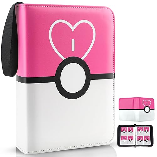 Card Binder 4 Pocket, Trading Card Holder Fits 400 Cards With 50 Removable Sleeves, Portable Collection Card Ablum, Game Card Case book With Zipper for Gift - Pink - Pink