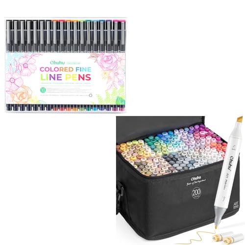 Ohuhu Colored Fineliner Pens 11 Colored Pens & 7 Assorted Piont Black Pens Alcohol Markers 200 Colors Fine & Chisel Dual Tips Set