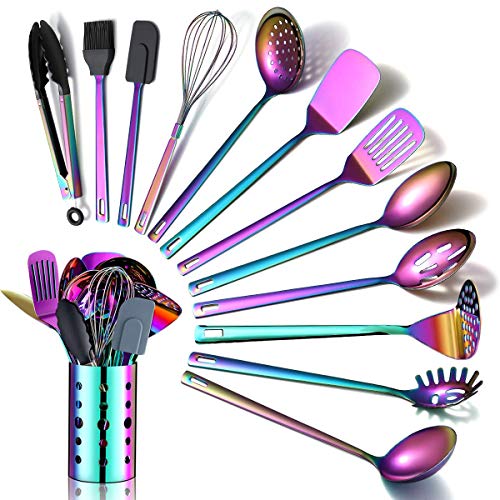 Rainbow Kitchen Utensils Set,13 Pieces Stainless Steel Cooking Utensils Set With Titanium Rainbow Plating,Kitchen Tools Set With Utensil Holder For Non-Stick Cookware Dishwasher Safe (13 Packs) - A.13 Pieces